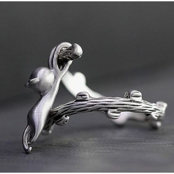 Silver Dangling Cat From Tree Branch Ring Adjustable Kitty - Picture 6 of 9